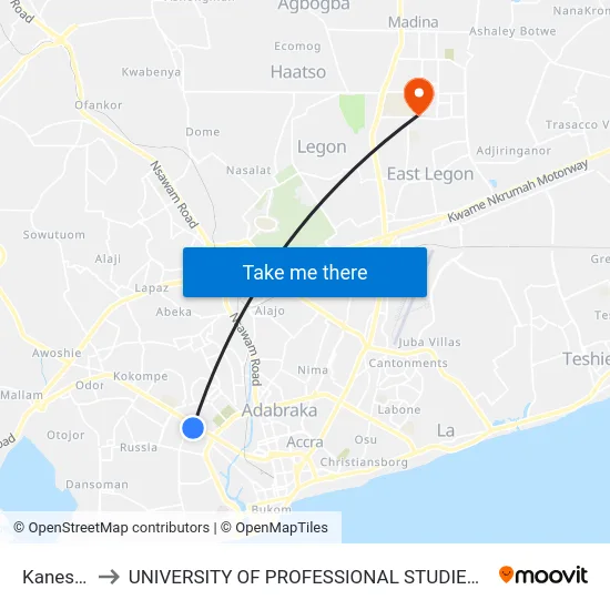 Kaneshie to UNIVERSITY OF PROFESSIONAL STUDIES (UPSA) map