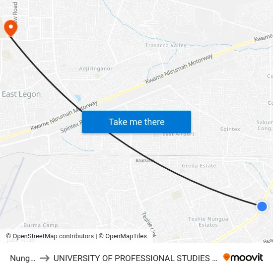 Nungua to UNIVERSITY OF PROFESSIONAL STUDIES (UPSA) map