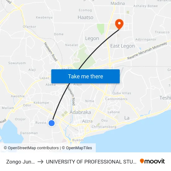 Zongo Junction to UNIVERSITY OF PROFESSIONAL STUDIES (UPSA) map