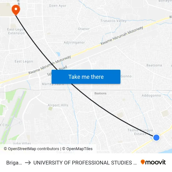 Brigade to UNIVERSITY OF PROFESSIONAL STUDIES (UPSA) map