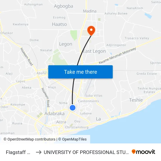 Flagstaff House to UNIVERSITY OF PROFESSIONAL STUDIES (UPSA) map