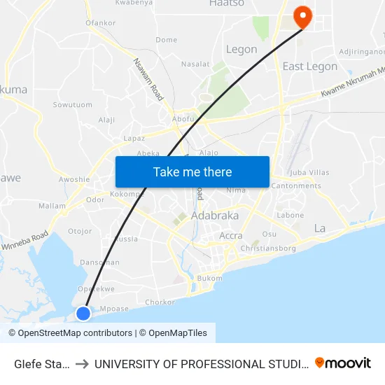 Glefe Station to UNIVERSITY OF PROFESSIONAL STUDIES (UPSA) map
