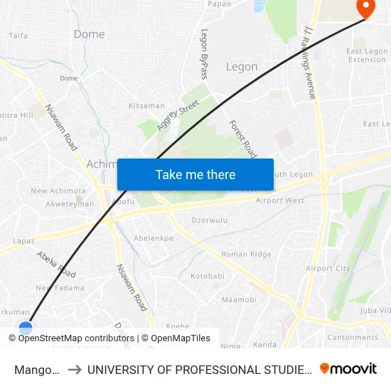 Mangoase to UNIVERSITY OF PROFESSIONAL STUDIES (UPSA) map