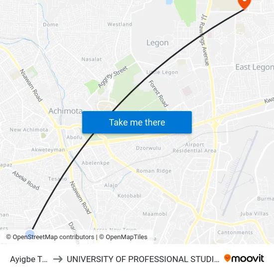 Ayigbe Town to UNIVERSITY OF PROFESSIONAL STUDIES (UPSA) map