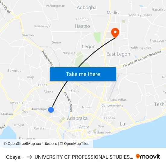 Obeyeyie to UNIVERSITY OF PROFESSIONAL STUDIES (UPSA) map