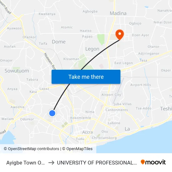 Ayigbe Town Old Station to UNIVERSITY OF PROFESSIONAL STUDIES (UPSA) map