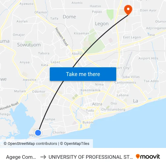 Agege Commando to UNIVERSITY OF PROFESSIONAL STUDIES (UPSA) map