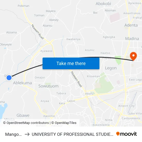 Mangoase to UNIVERSITY OF PROFESSIONAL STUDIES (UPSA) map