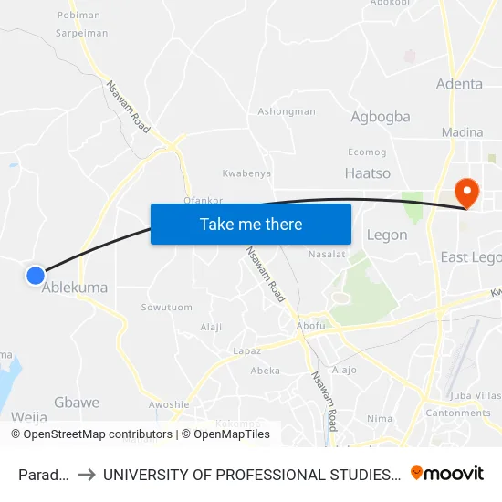 Paradise to UNIVERSITY OF PROFESSIONAL STUDIES (UPSA) map