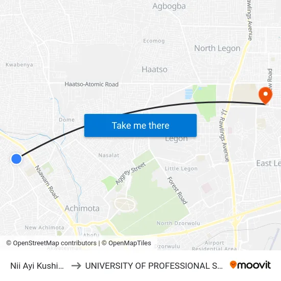 Nii Ayi Kushie Street to UNIVERSITY OF PROFESSIONAL STUDIES (UPSA) map