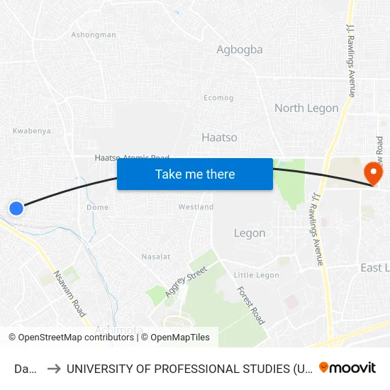 Daavi to UNIVERSITY OF PROFESSIONAL STUDIES (UPSA) map