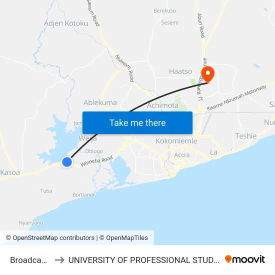 Broadcasting to UNIVERSITY OF PROFESSIONAL STUDIES (UPSA) map