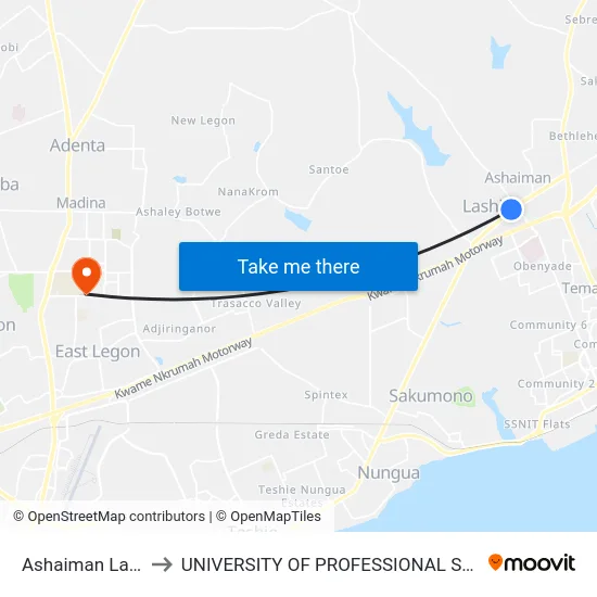 Ashaiman Last Stop to UNIVERSITY OF PROFESSIONAL STUDIES (UPSA) map