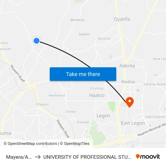 Mayera/Adusa to UNIVERSITY OF PROFESSIONAL STUDIES (UPSA) map