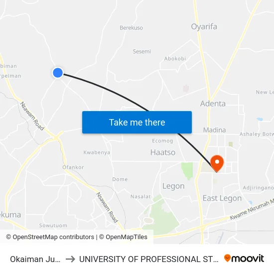 Okaiman Junction to UNIVERSITY OF PROFESSIONAL STUDIES (UPSA) map