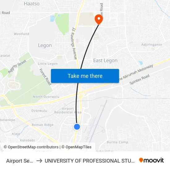 Airport Second to UNIVERSITY OF PROFESSIONAL STUDIES (UPSA) map