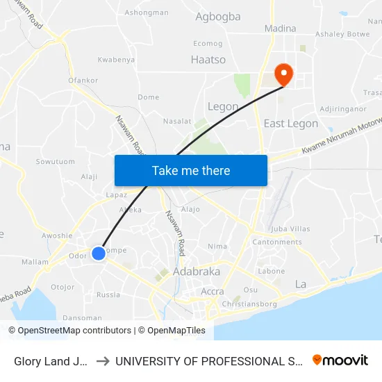 Glory Land Junction to UNIVERSITY OF PROFESSIONAL STUDIES (UPSA) map
