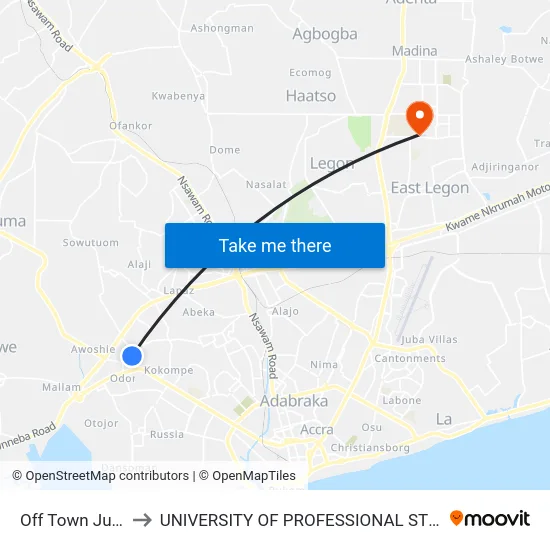 Off Town Junction to UNIVERSITY OF PROFESSIONAL STUDIES (UPSA) map