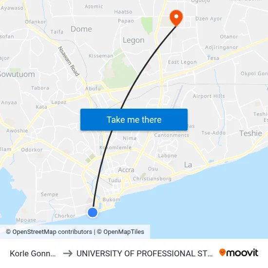Korle Gonno Shell to UNIVERSITY OF PROFESSIONAL STUDIES (UPSA) map