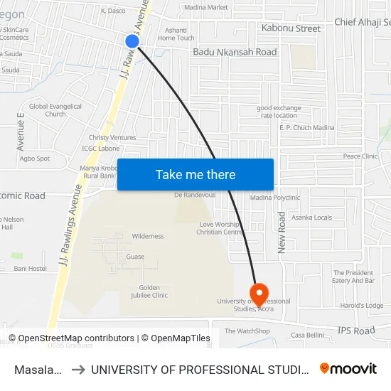 Masalaachi to UNIVERSITY OF PROFESSIONAL STUDIES (UPSA) map