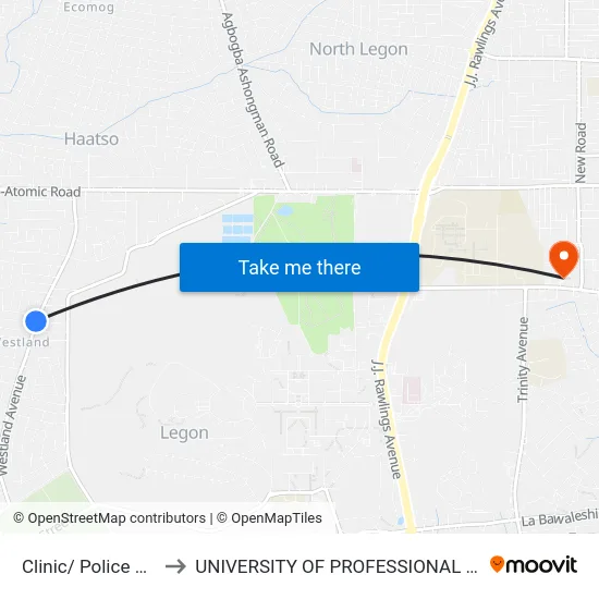 Clinic/ Police Container to UNIVERSITY OF PROFESSIONAL STUDIES (UPSA) map