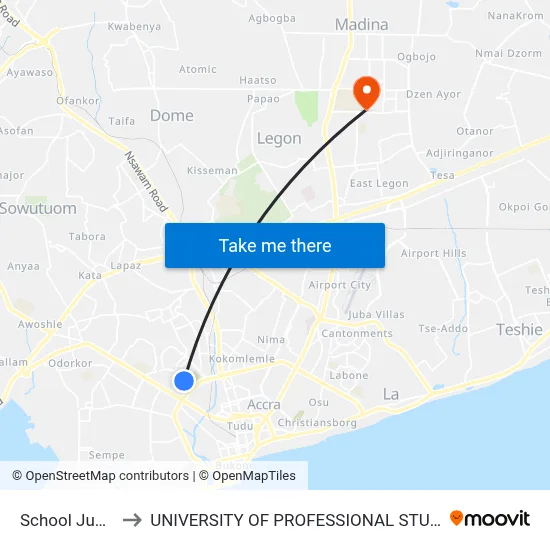 School Junction to UNIVERSITY OF PROFESSIONAL STUDIES (UPSA) map
