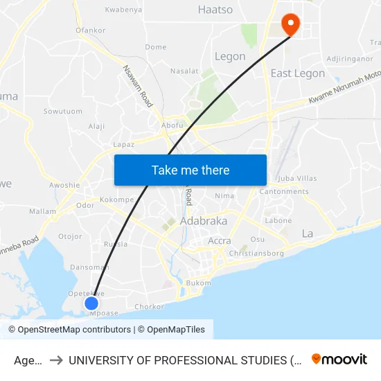 Agege to UNIVERSITY OF PROFESSIONAL STUDIES (UPSA) map