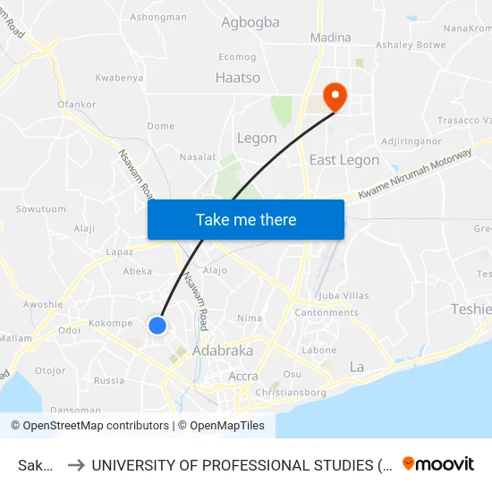 Sakora to UNIVERSITY OF PROFESSIONAL STUDIES (UPSA) map