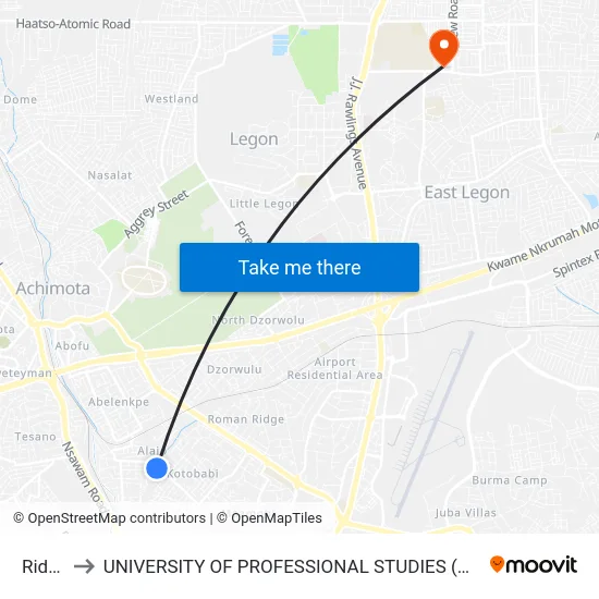 Ridge to UNIVERSITY OF PROFESSIONAL STUDIES (UPSA) map