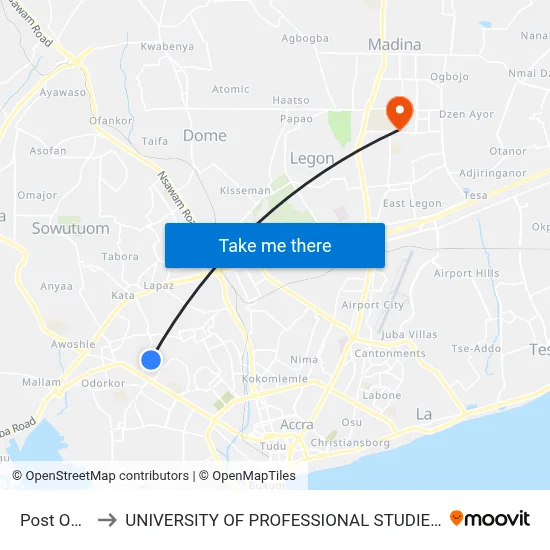 Post Office to UNIVERSITY OF PROFESSIONAL STUDIES (UPSA) map