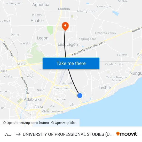 Ama to UNIVERSITY OF PROFESSIONAL STUDIES (UPSA) map