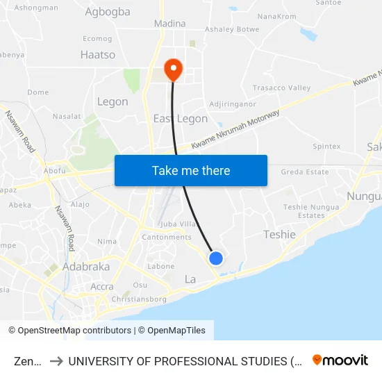 Zenith to UNIVERSITY OF PROFESSIONAL STUDIES (UPSA) map
