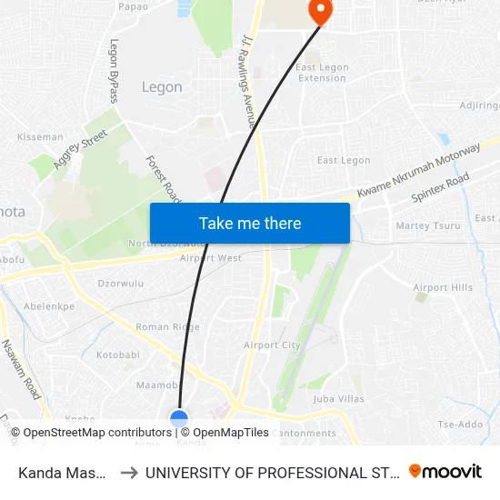 Kanda Masalaachi to UNIVERSITY OF PROFESSIONAL STUDIES (UPSA) map