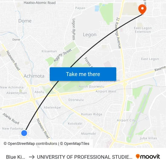 Blue Kiosk to UNIVERSITY OF PROFESSIONAL STUDIES (UPSA) map