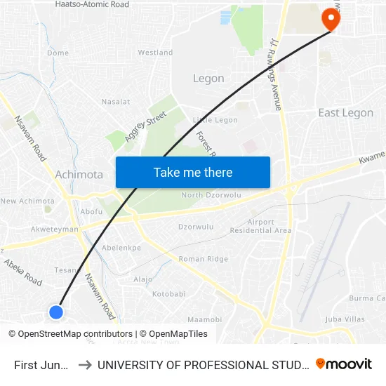 First Junction to UNIVERSITY OF PROFESSIONAL STUDIES (UPSA) map