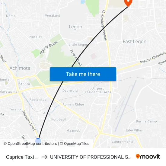 Caprice Taxi Station to UNIVERSITY OF PROFESSIONAL STUDIES (UPSA) map