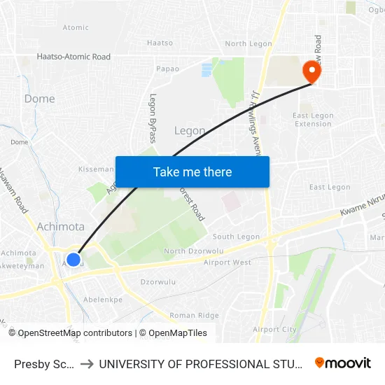 Presby School to UNIVERSITY OF PROFESSIONAL STUDIES (UPSA) map