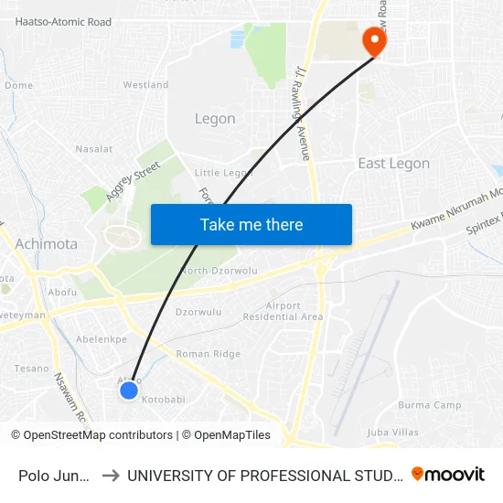 Polo Junction to UNIVERSITY OF PROFESSIONAL STUDIES (UPSA) map