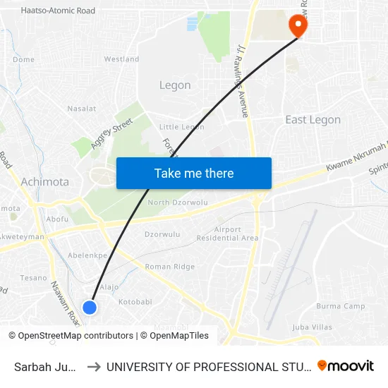 Sarbah Junction to UNIVERSITY OF PROFESSIONAL STUDIES (UPSA) map