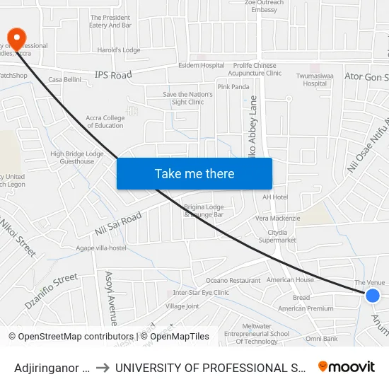 Adjiringanor Bridge to UNIVERSITY OF PROFESSIONAL STUDIES (UPSA) map