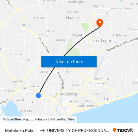 Mataheko Police Quarters to UNIVERSITY OF PROFESSIONAL STUDIES (UPSA) map