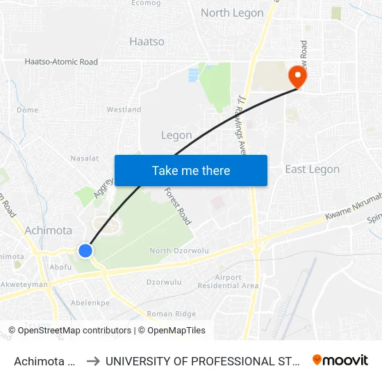 Achimota Forest to UNIVERSITY OF PROFESSIONAL STUDIES (UPSA) map