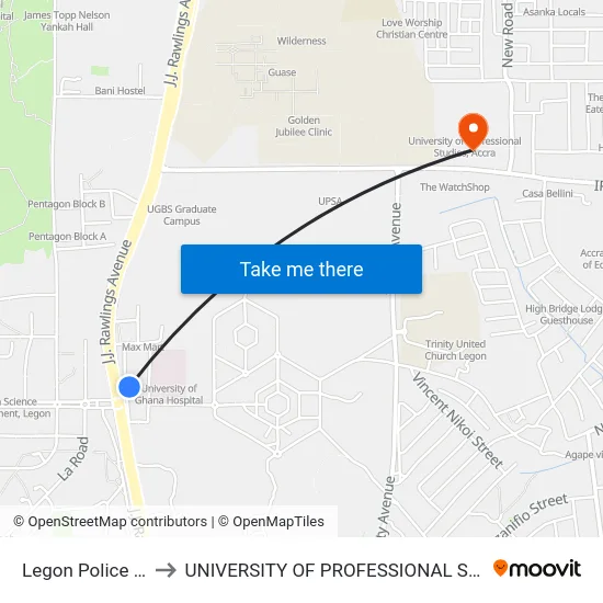 Legon Police Station to UNIVERSITY OF PROFESSIONAL STUDIES (UPSA) map