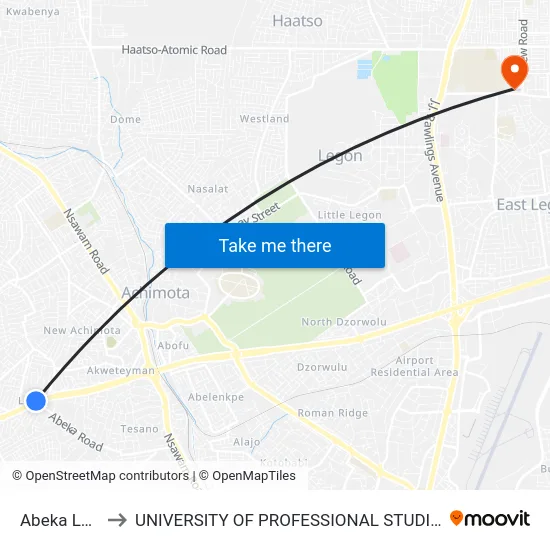 Abeka Lapaz to UNIVERSITY OF PROFESSIONAL STUDIES (UPSA) map