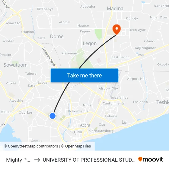 Mighty Power to UNIVERSITY OF PROFESSIONAL STUDIES (UPSA) map