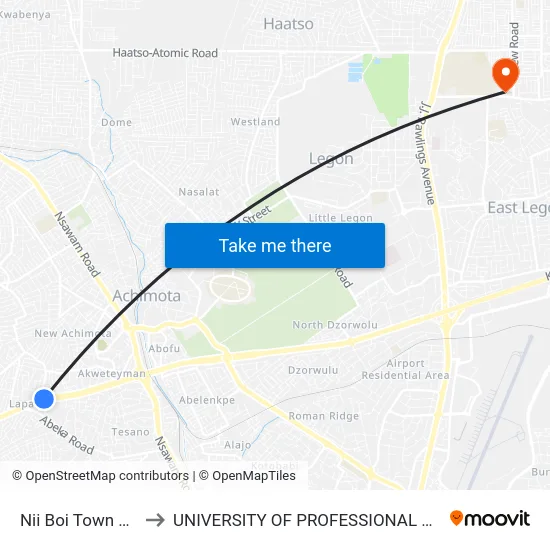 Nii Boi Town Junction to UNIVERSITY OF PROFESSIONAL STUDIES (UPSA) map