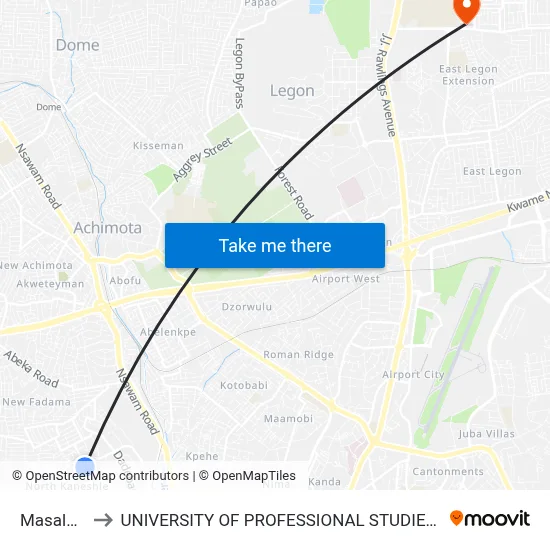 Masalakyi to UNIVERSITY OF PROFESSIONAL STUDIES (UPSA) map