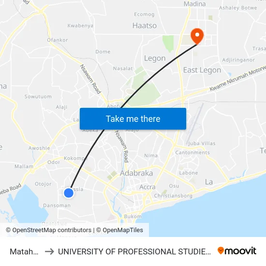 Mataheko to UNIVERSITY OF PROFESSIONAL STUDIES (UPSA) map