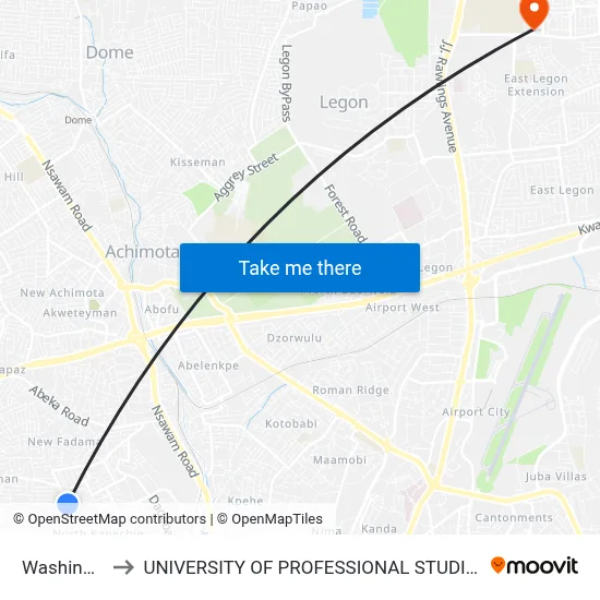 Washingbay to UNIVERSITY OF PROFESSIONAL STUDIES (UPSA) map