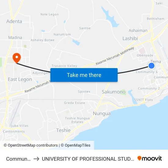 Community 6 to UNIVERSITY OF PROFESSIONAL STUDIES (UPSA) map